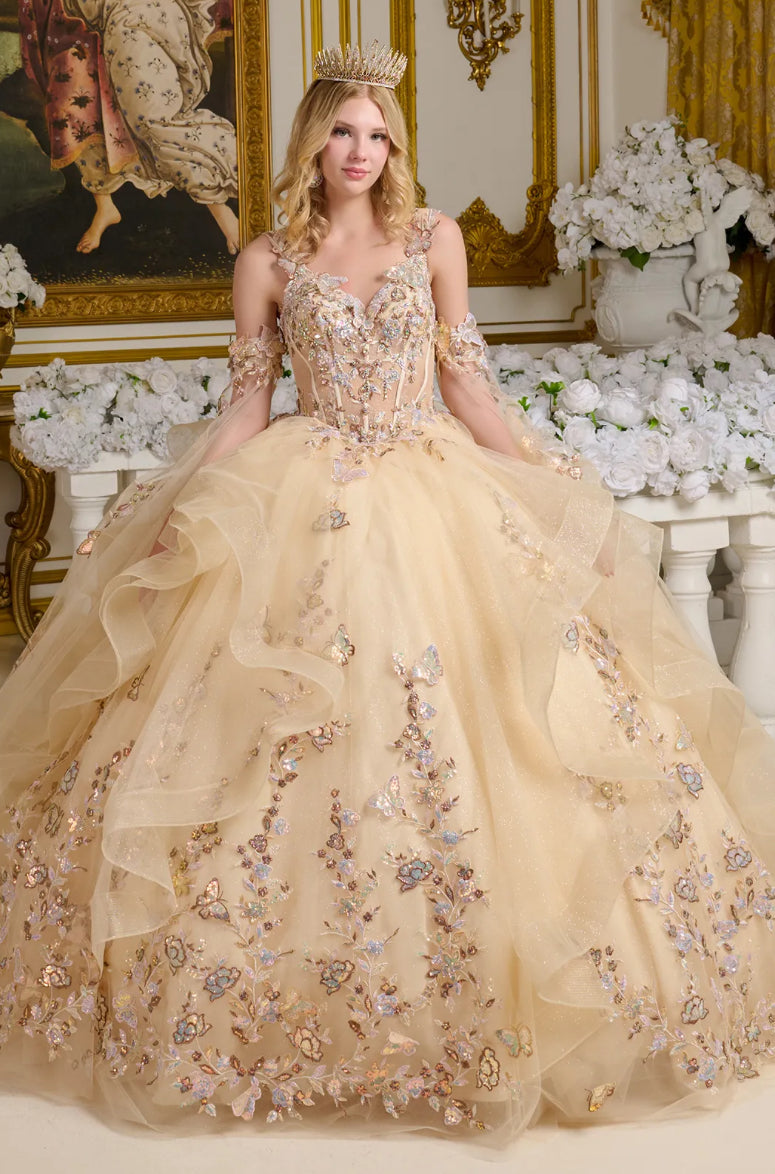 This enchanting ball gown is supported by sheer shoulder straps and adorned with intricate 3D butterfly appliqués. GL3646 BY ELIZABETH K