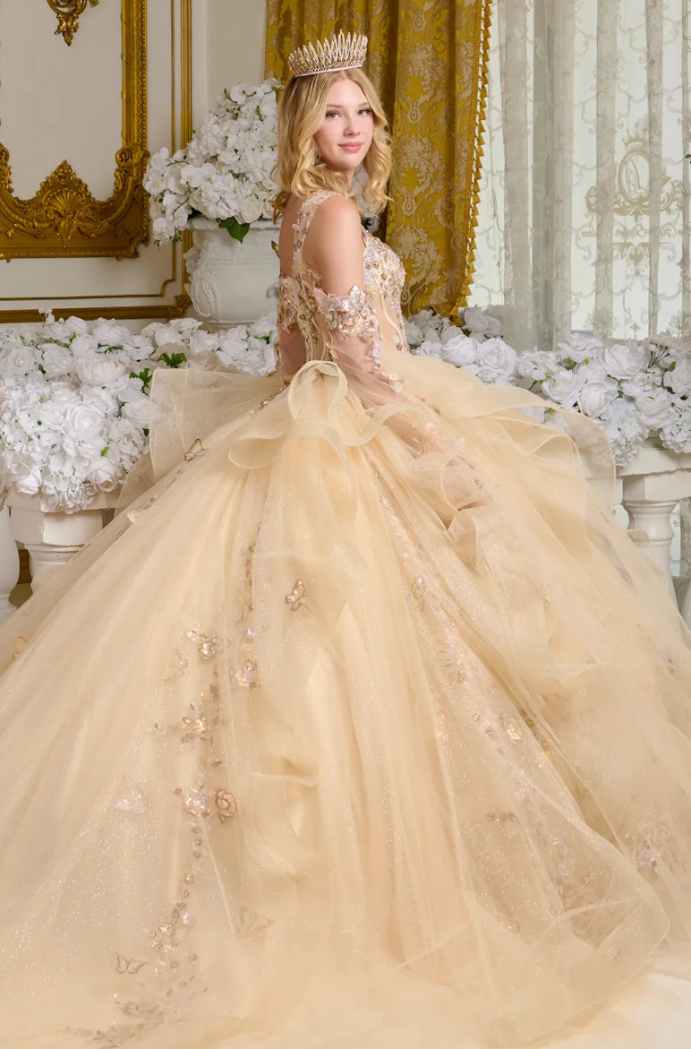 This enchanting ball gown is supported by sheer shoulder straps and adorned with intricate 3D butterfly appliqués. GL3646 BY ELIZABETH K