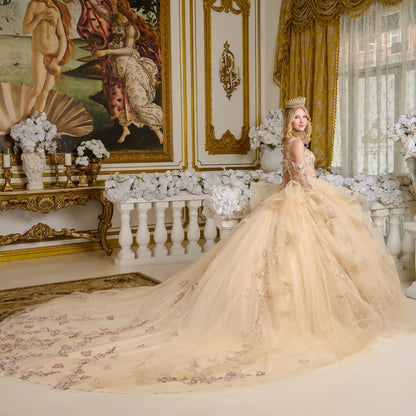 This enchanting ball gown is supported by sheer shoulder straps and adorned with intricate 3D butterfly appliqués. GL3646 BY ELIZABETH K