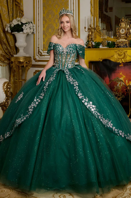 This ball gown features detachable off-the-shoulder straps adorned with jewels. GL3636 BY ELIZABETH K