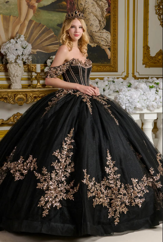 Adorned with 3D floral appliqués, embroidery, jewels, and sequins. GL3640 BY ELIZABETH K