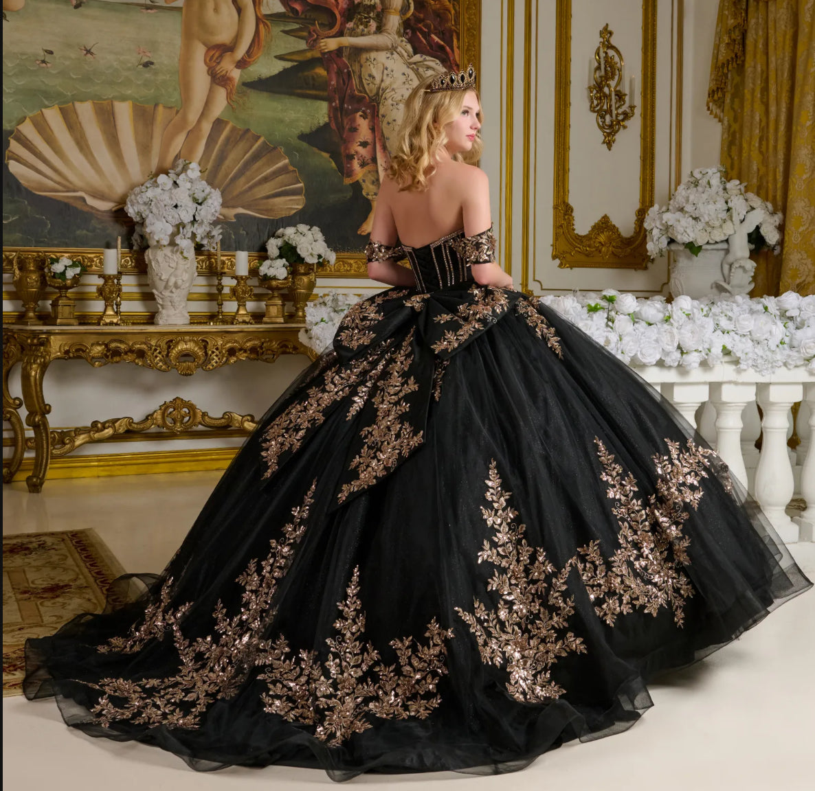 Adorned with 3D floral appliqués, embroidery, jewels, and sequins. GL3640 BY ELIZABETH K