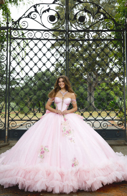 Beautiful Flower Adorn Dress with Ruffle at Hem and Matching Bow. Pq1095 by BELLA COUTURE