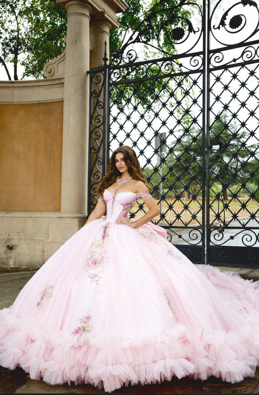 Beautiful Flower Adorn Dress with Ruffle at Hem and Matching Bow. Pq1095 by BELLA COUTURE