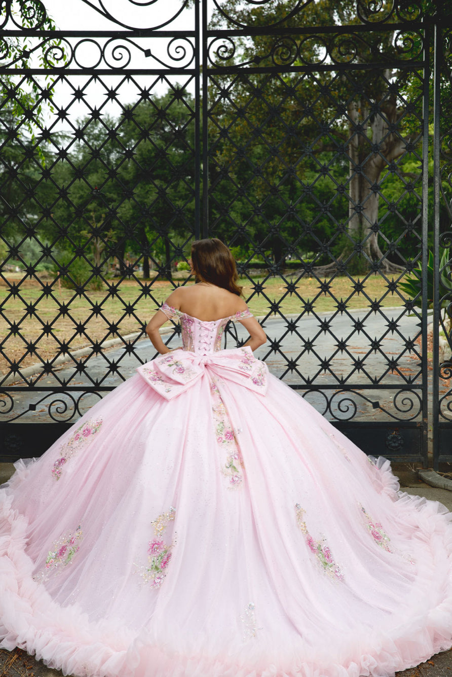 Beautiful Flower Adorn Dress with Ruffle at Hem and Matching Bow. Pq1095 by BELLA COUTURE