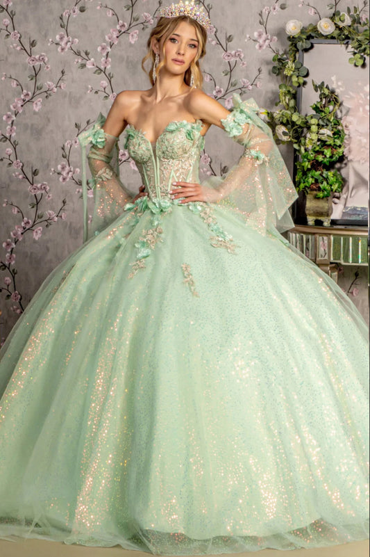 3-D Flower Jewel Sheer Bodice Mesh Ball Gown w/ Long Sleeves. GL3486 GLS BY GLORIA