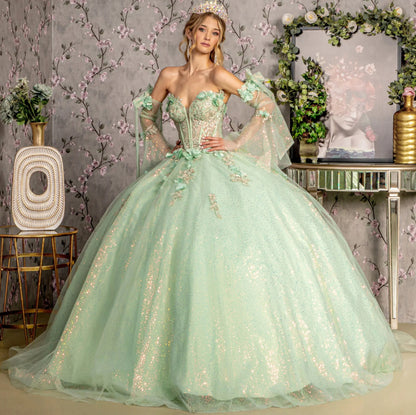 3-D Flower Jewel Sheer Bodice Mesh Ball Gown w/ Long Sleeves. GL3486 GLS BY GLORIA