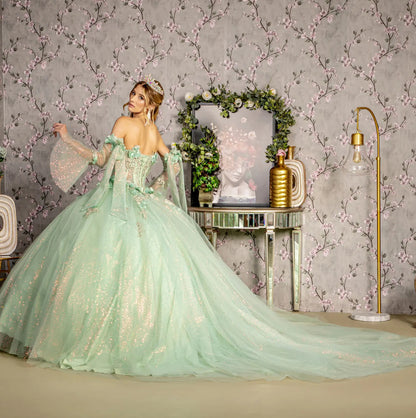 3-D Flower Jewel Sheer Bodice Mesh Ball Gown w/ Long Sleeves. GL3486 GLS BY GLORIA