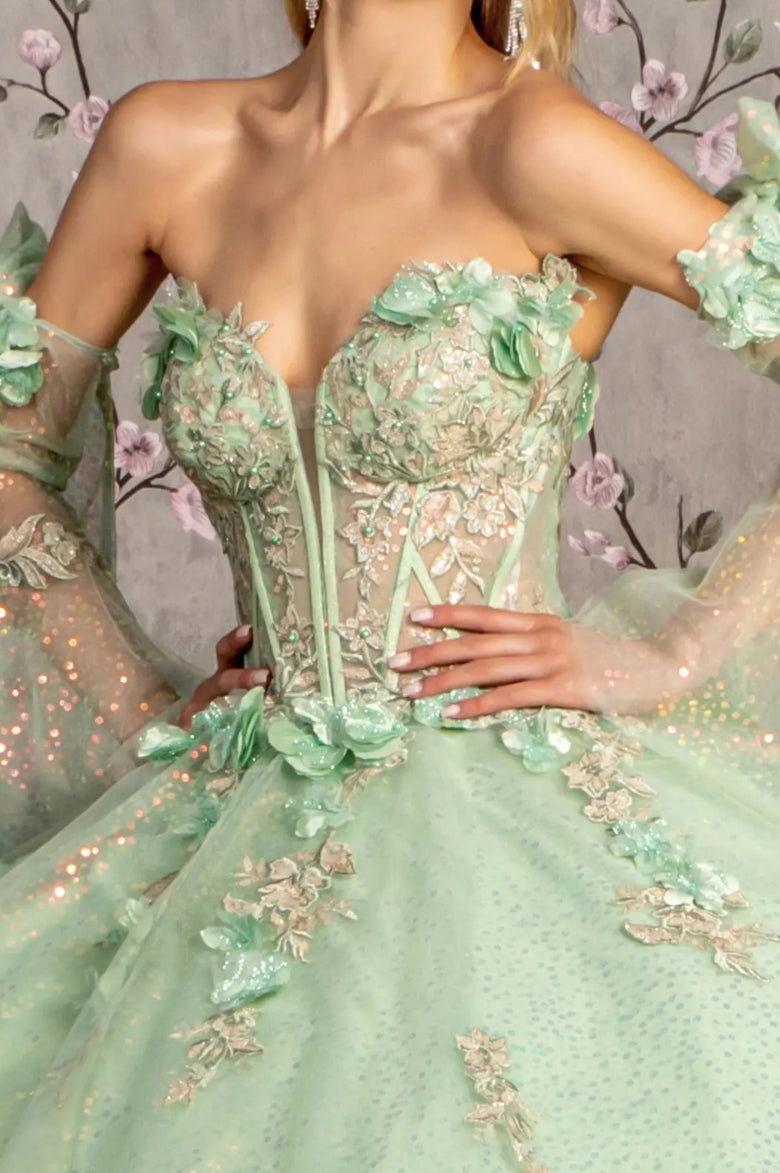 3-D Flower Jewel Sheer Bodice Mesh Ball Gown w/ Long Sleeves. GL3486 GLS BY GLORIA