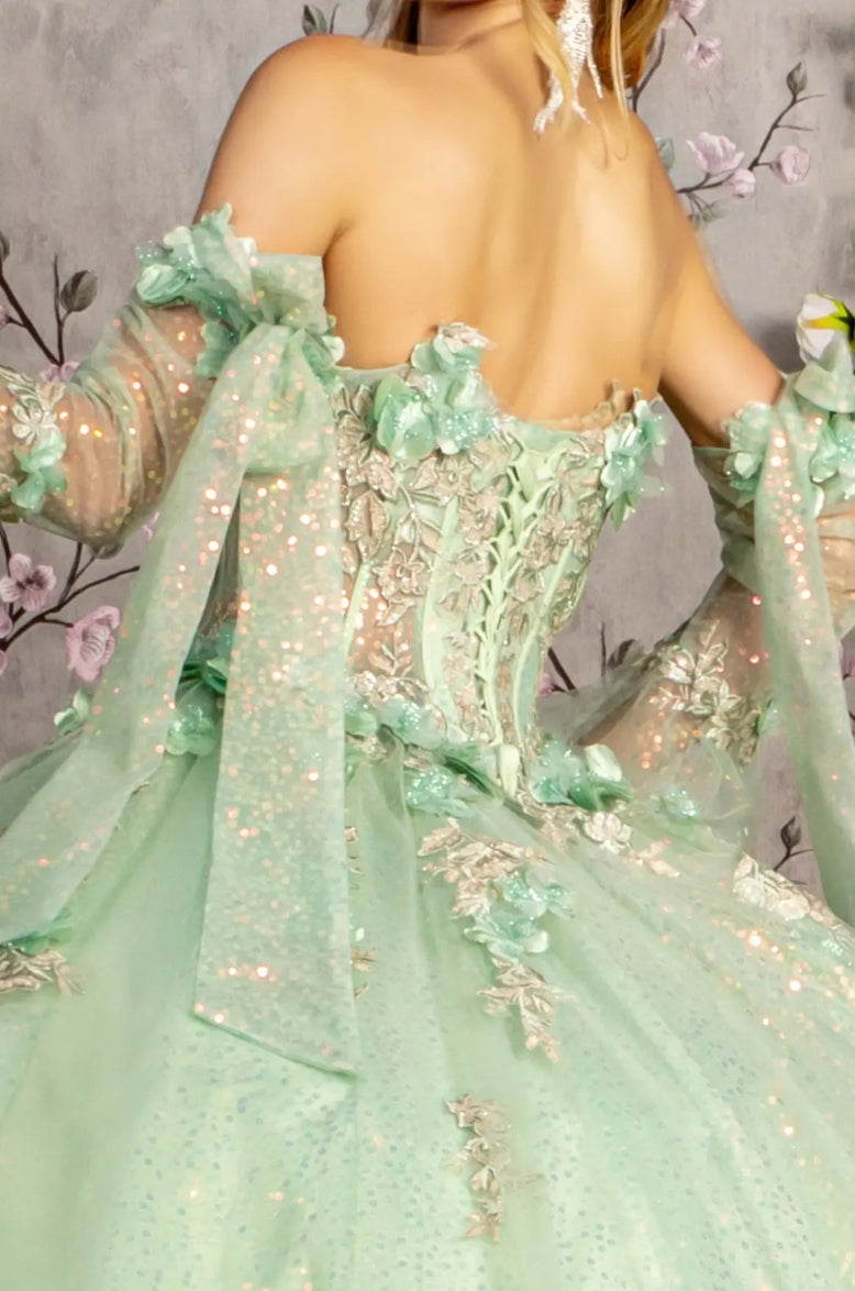 3-D Flower Jewel Sheer Bodice Mesh Ball Gown w/ Long Sleeves. GL3486 GLS BY GLORIA
