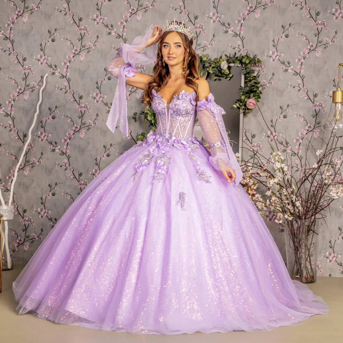 3-D Flower Jewel Sheer Bodice Mesh Ball Gown w/ Long Sleeves. GL3486 GLS BY GLORIA