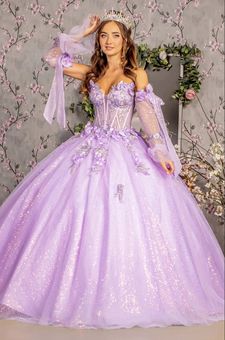 3-D Flower Jewel Sheer Bodice Mesh Ball Gown w/ Long Sleeves. GL3486 GLS BY GLORIA