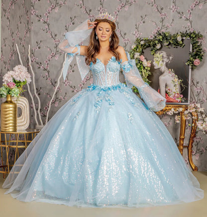 3-D Flower Jewel Sheer Bodice Mesh Ball Gown w/ Long Sleeves. GL3486 GLS BY GLORIA
