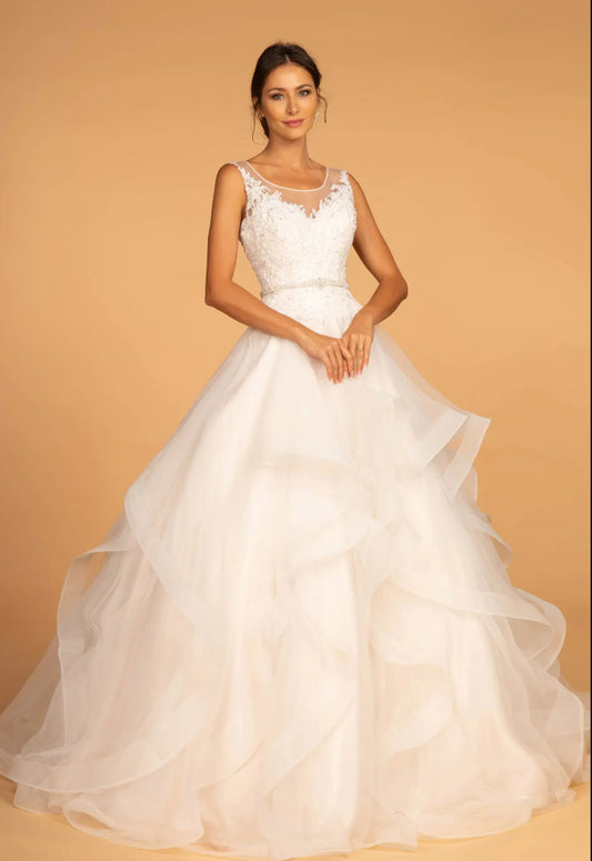Embroidered Bodice Layered Hem Tulle Wedding Gown Let's take a look at this classic wedding dress. GL2599 GLS BY GLORIA