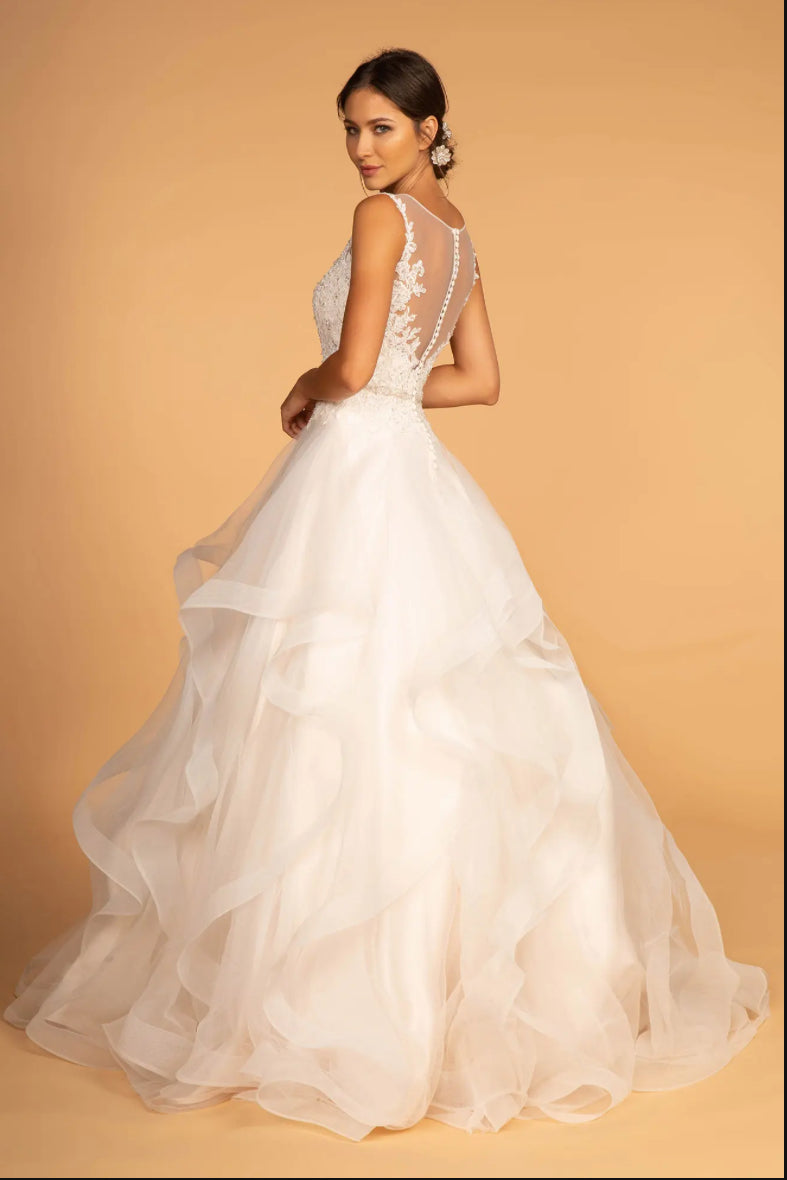 Embroidered Bodice Layered Hem Tulle Wedding Gown Let's take a look at this classic wedding dress. GL2599 GLS BY GLORIA