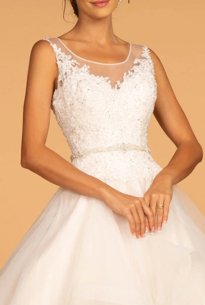 Embroidered Bodice Layered Hem Tulle Wedding Gown Let's take a look at this classic wedding dress. GL2599 GLS BY GLORIA