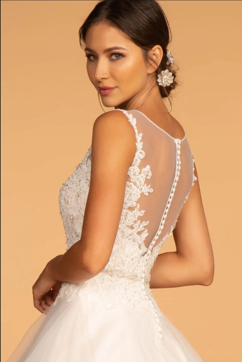 Embroidered Bodice Layered Hem Tulle Wedding Gown Let's take a look at this classic wedding dress. GL2599 GLS BY GLORIA