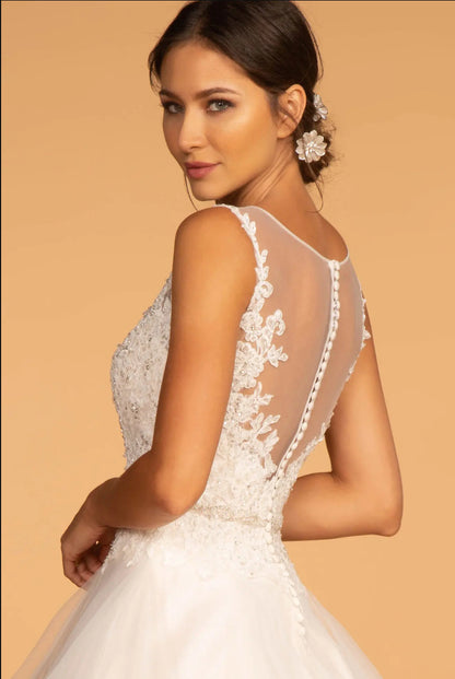 Embroidered Bodice Layered Hem Tulle Wedding Gown Let's take a look at this classic wedding dress. GL2599 GLS BY GLORIA