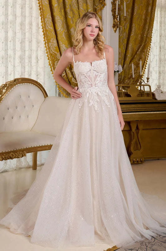 This A-line wedding dress is supported by delicate spaghetti straps. GL3663 GLS BY GLORIA