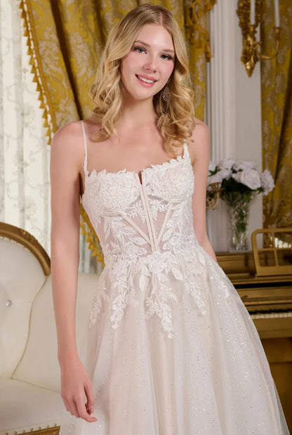 This A-line wedding dress is supported by delicate spaghetti straps. GL3663 GLS BY GLORIA