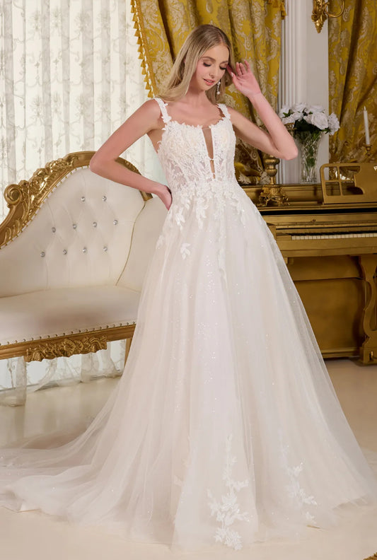 This A-line wedding gown features a V-neckline bodice supported by straps. GL3662 GLS BY GLORIA