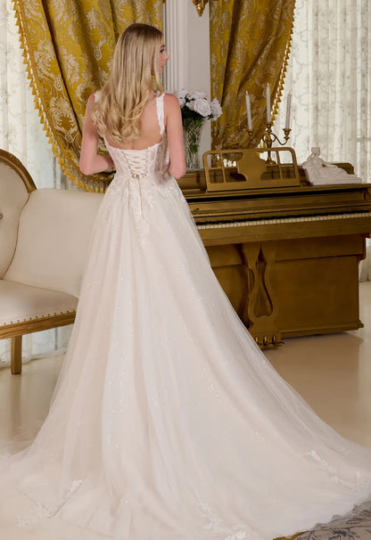 This A-line wedding gown features a V-neckline bodice supported by straps. GL3662 GLS BY GLORIA