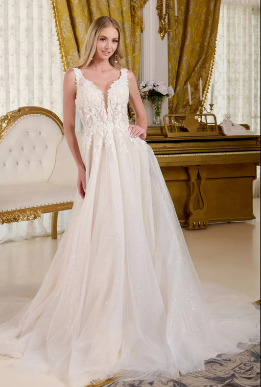 This A-line wedding dress features a fitted bodice with straps adorned in beads, embroidery, and glitter. GL3661 GLS BY GLORIA