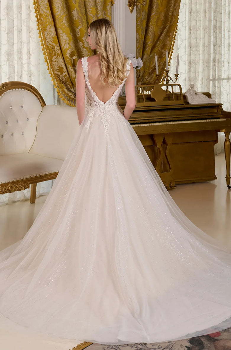 This A-line wedding dress features a fitted bodice with straps adorned in beads, embroidery, and glitter. GL3661 GLS BY GLORIA