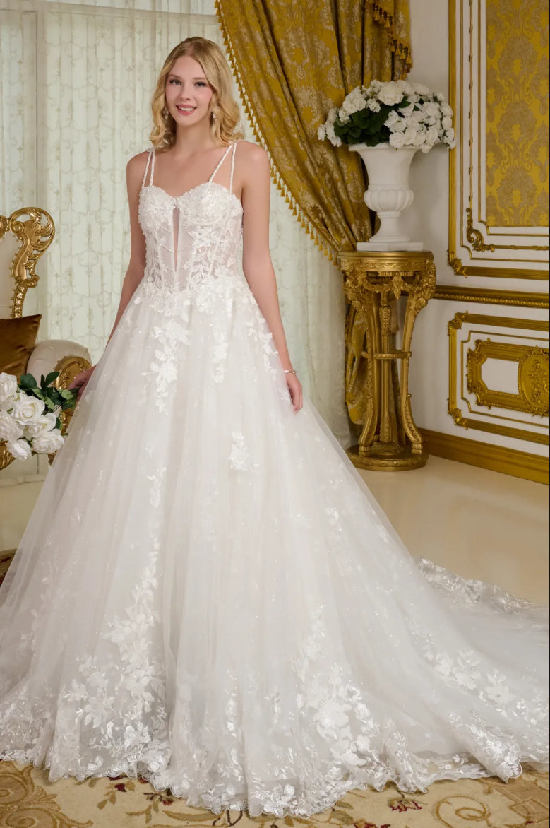Two beaded spaghetti straps delicately connect to the sweetheart neckline bodice on this A-line wedding gown. GL3660 GLS BY GLORIA