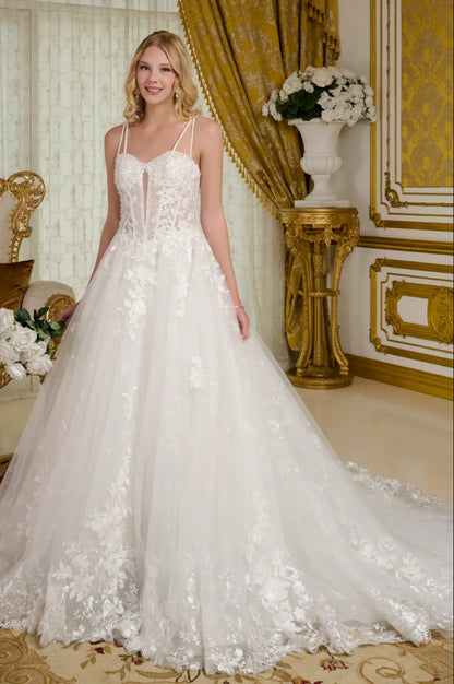Two beaded spaghetti straps delicately connect to the sweetheart neckline bodice on this A-line wedding gown. GL3660 GLS BY GLORIA