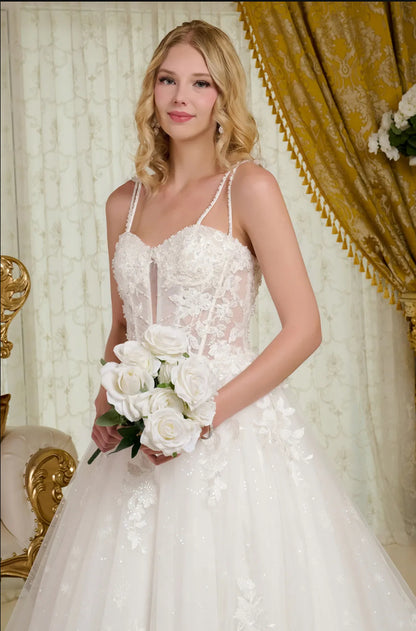 Two beaded spaghetti straps delicately connect to the sweetheart neckline bodice on this A-line wedding gown. GL3660 GLS BY GLORIA