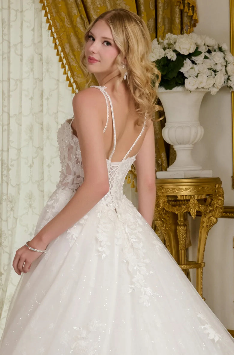 Two beaded spaghetti straps delicately connect to the sweetheart neckline bodice on this A-line wedding gown. GL3660 GLS BY GLORIA