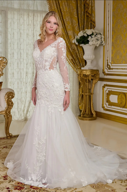This wedding gown features a wide V-neckline and sheer long sleeves, delicately adorned with beads, embroidery. GL3659 GLS BY GLORIA