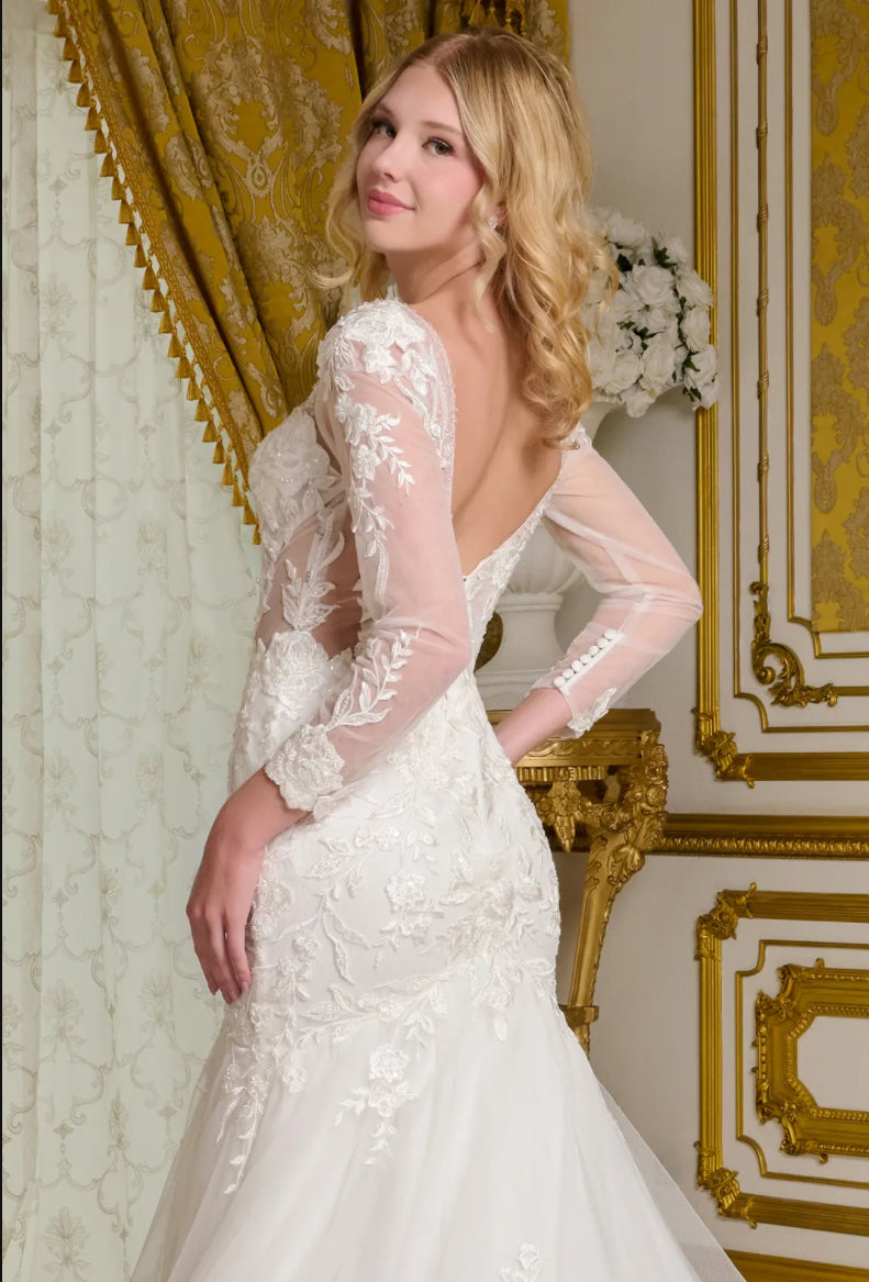 This wedding gown features a wide V-neckline and sheer long sleeves, delicately adorned with beads, embroidery. GL3659 GLS BY GLORIA