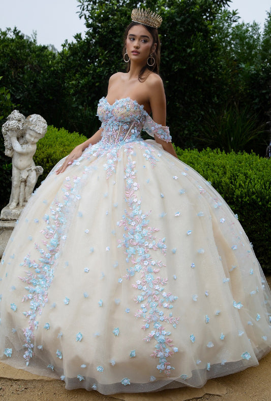 3D Floral Applique Embellished Sweetheart Sheer Bodice Quinceanera Dress. GL3504 GLS BY GLORIA