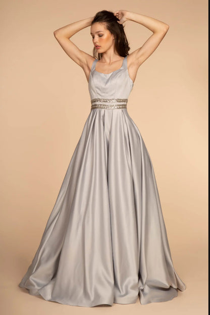 Scoop-Neck Satin A-Line Dress with Sheer Back Gorgeous A-line dress. GL2531 GLS BY ELIZABETH K