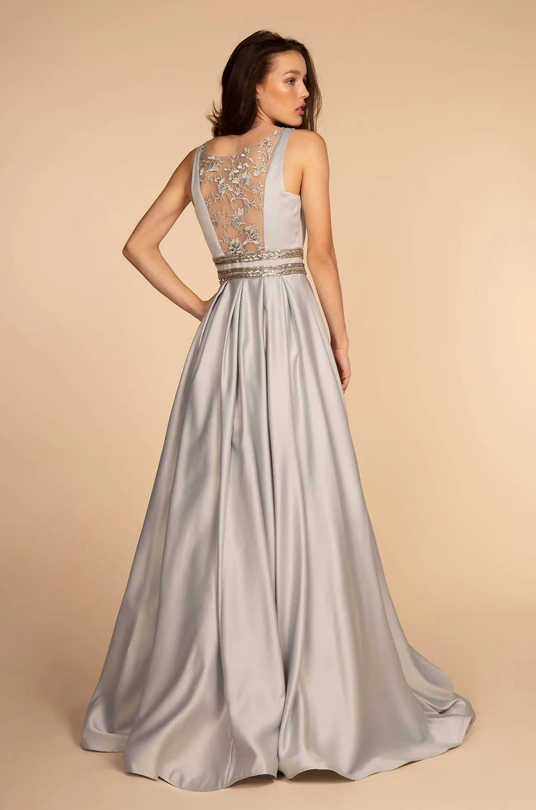 Scoop-Neck Satin A-Line Dress with Sheer Back Gorgeous A-line dress. GL2531 GLS BY ELIZABETH K
