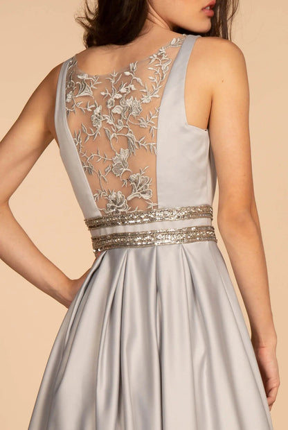 Scoop-Neck Satin A-Line Dress with Sheer Back Gorgeous A-line dress. GL2531 GLS BY ELIZABETH K