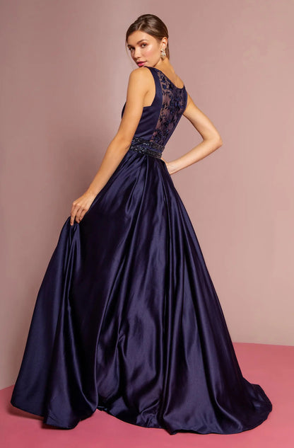 Scoop-Neck Satin A-Line Dress with Sheer Back Gorgeous A-line dress. GL2531 GLS BY ELIZABETH K