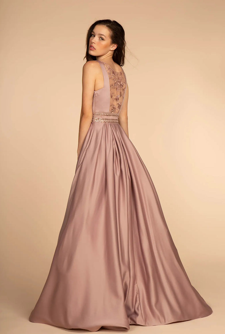 Scoop-Neck Satin A-Line Dress with Sheer Back Gorgeous A-line dress. GL2531 GLS BY ELIZABETH K