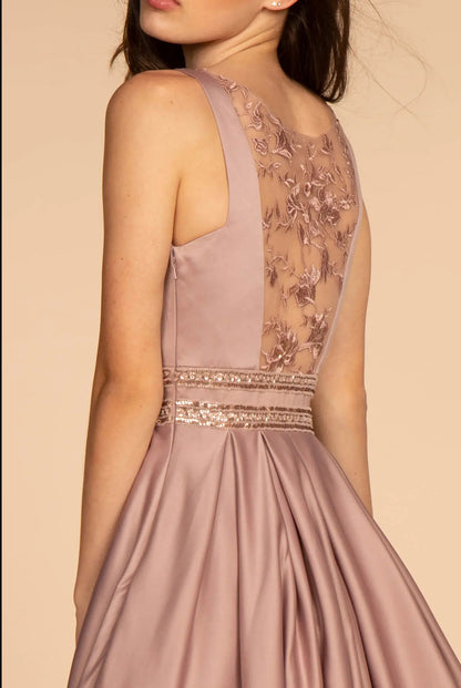 Scoop-Neck Satin A-Line Dress with Sheer Back Gorgeous A-line dress. GL2531 GLS BY ELIZABETH K