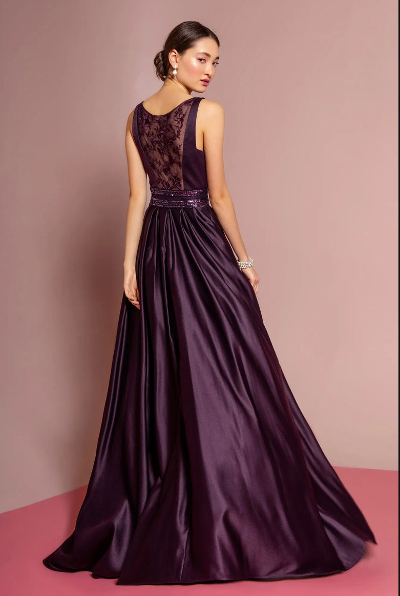 Scoop-Neck Satin A-Line Dress with Sheer Back Gorgeous A-line dress. GL2531 GLS BY ELIZABETH K