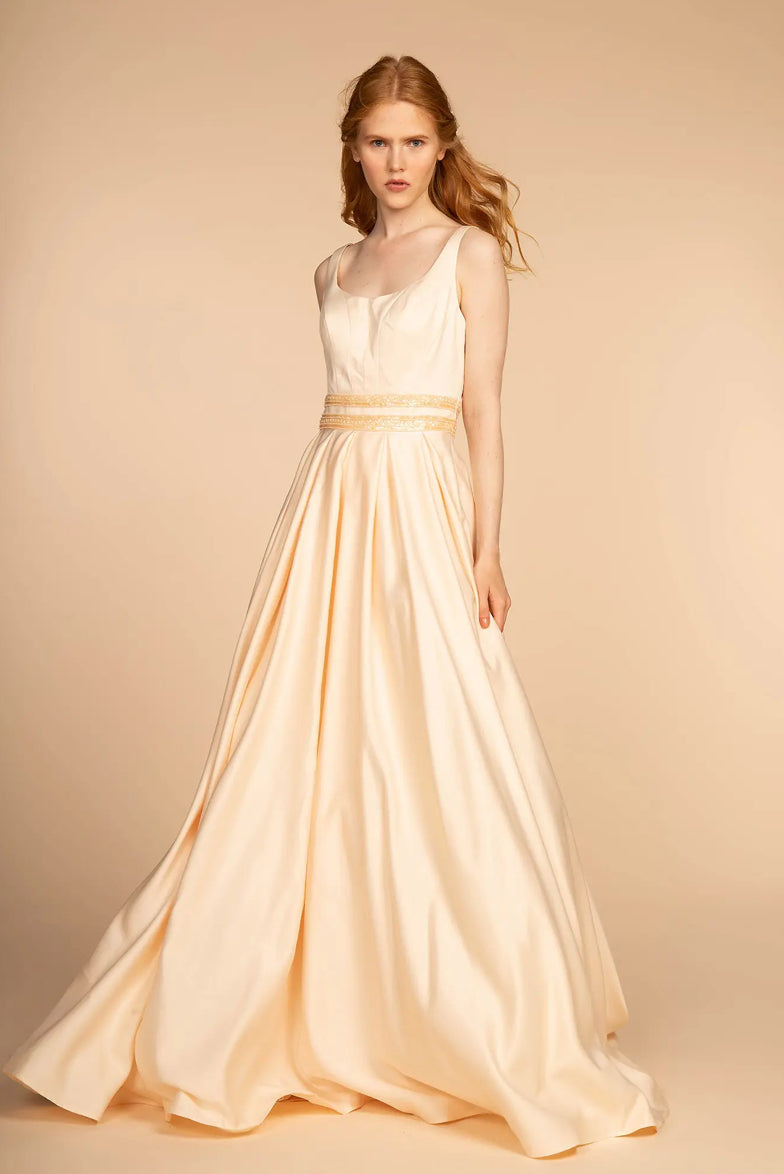 Scoop-Neck Satin A-Line Dress with Sheer Back Gorgeous A-line dress. GL2531 GLS BY ELIZABETH K