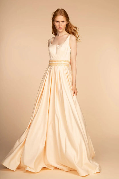 Scoop-Neck Satin A-Line Dress with Sheer Back Gorgeous A-line dress. GL2531 GLS BY ELIZABETH K