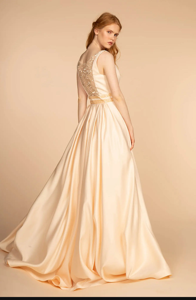 Scoop-Neck Satin A-Line Dress with Sheer Back Gorgeous A-line dress. GL2531 GLS BY ELIZABETH K