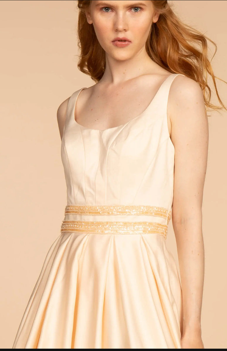 Scoop-Neck Satin A-Line Dress with Sheer Back Gorgeous A-line dress. GL2531 GLS BY ELIZABETH K