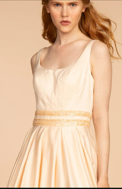 Scoop-Neck Satin A-Line Dress with Sheer Back Gorgeous A-line dress. GL2531 GLS BY ELIZABETH K