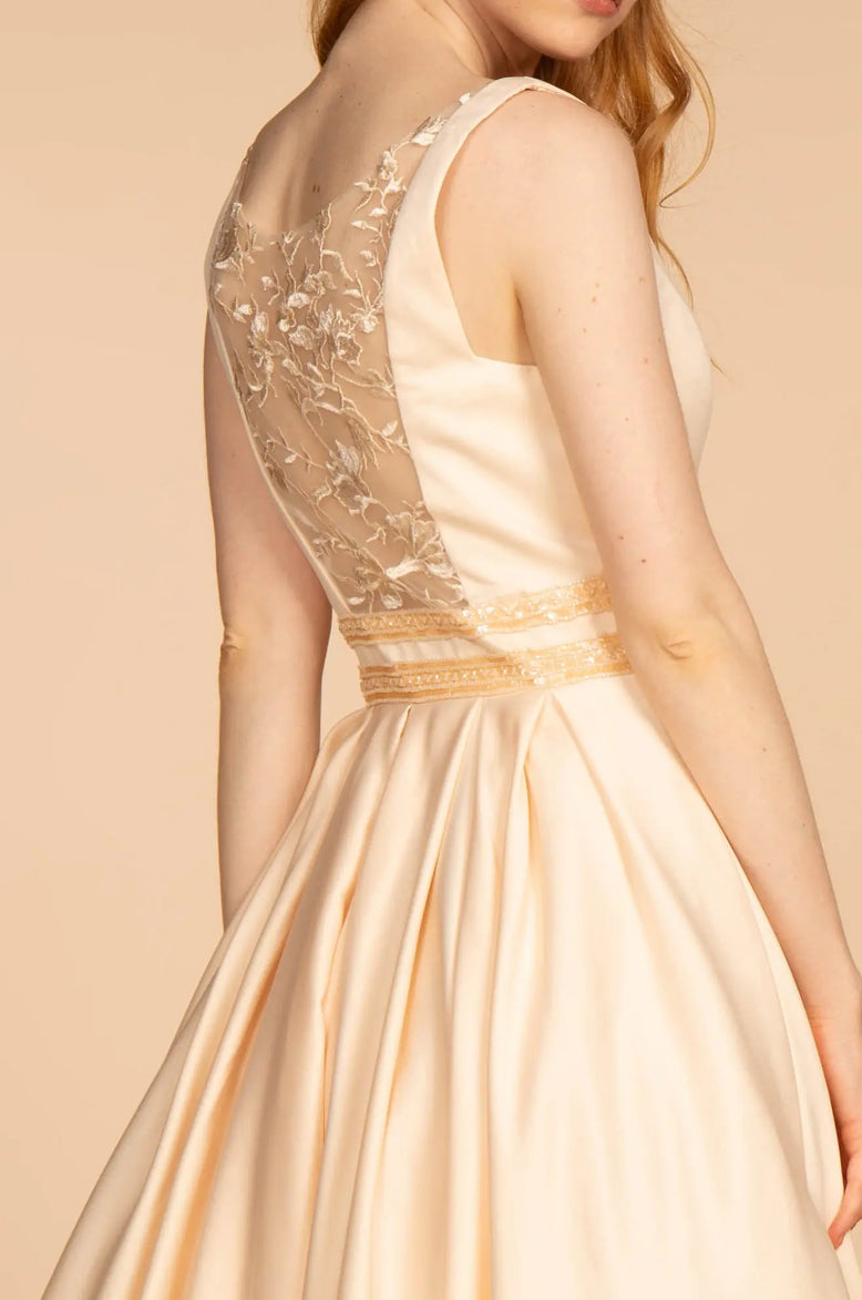 Scoop-Neck Satin A-Line Dress with Sheer Back Gorgeous A-line dress. GL2531 GLS BY ELIZABETH K
