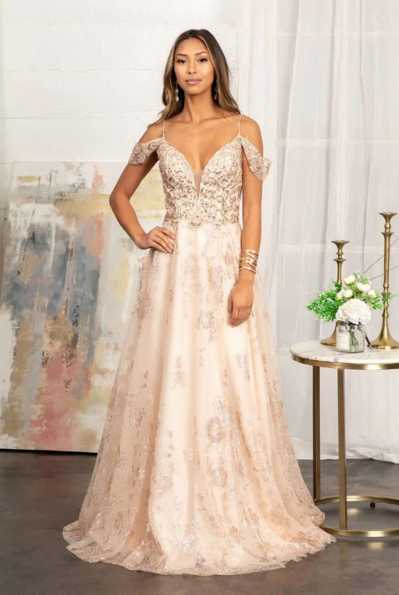 Illusion V-Neck Embroidered Mesh A-line Dress w/ Open V-Back Dial up the glam for your look! GL3070 GLS BY ELIZABETH K