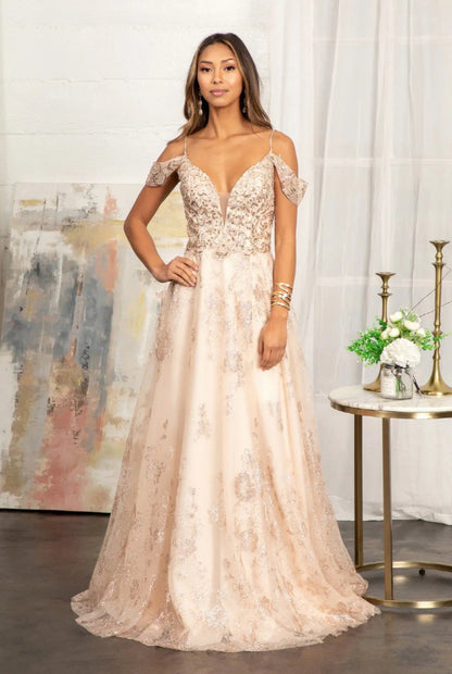 Illusion V-Neck Embroidered Mesh A-line Dress w/ Open V-Back Dial up the glam for your look! GL3070 GLS BY ELIZABETH K